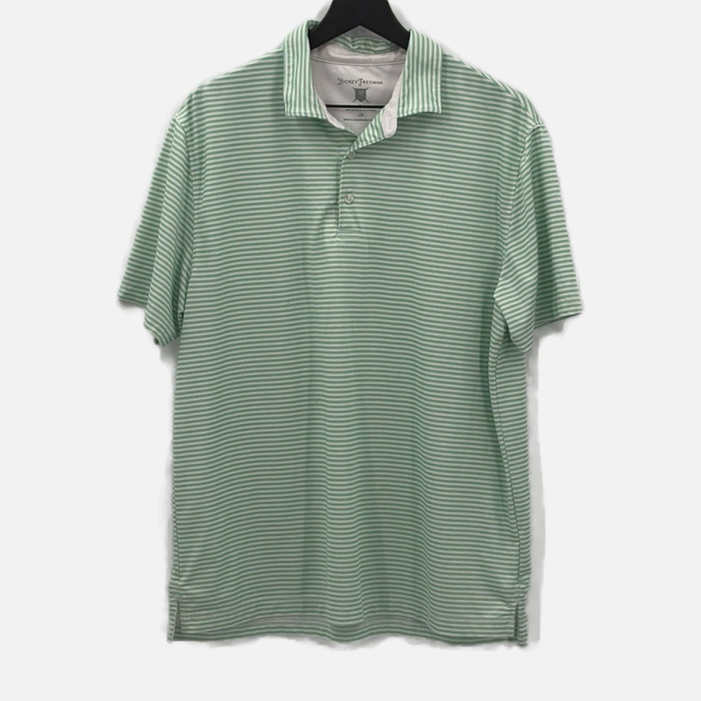 Hickey Freeman Golf Striped Short Sleeve Polo Shirt in Green & White -Size Large